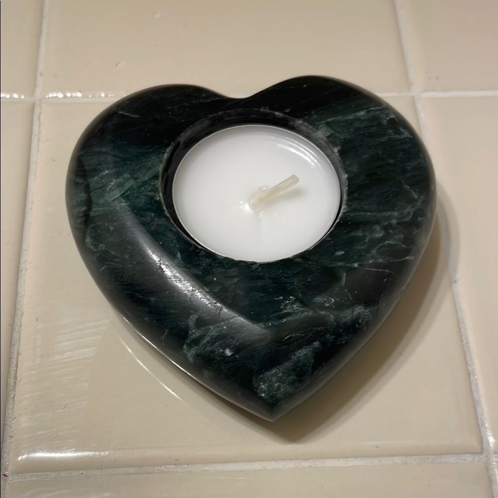 Heart-Shaped Greenstone Green Rock Candle Holder